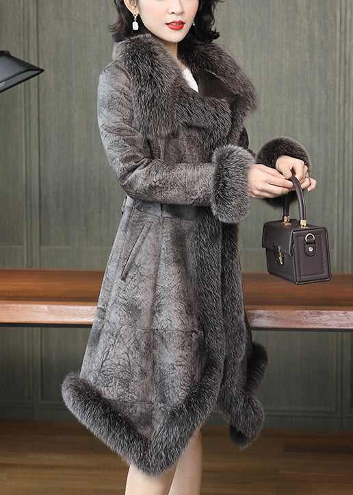 French Dark Gray Fox Collar Tie Waist Leather and Fu Coats Winter