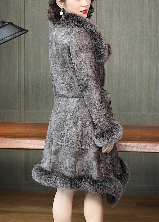French Dark Gray Fox Collar Tie Waist Leather and Fu Coats Winter