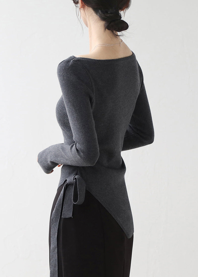 French Dark Grey Asymmetrical Sequins Knit Sweater Winter