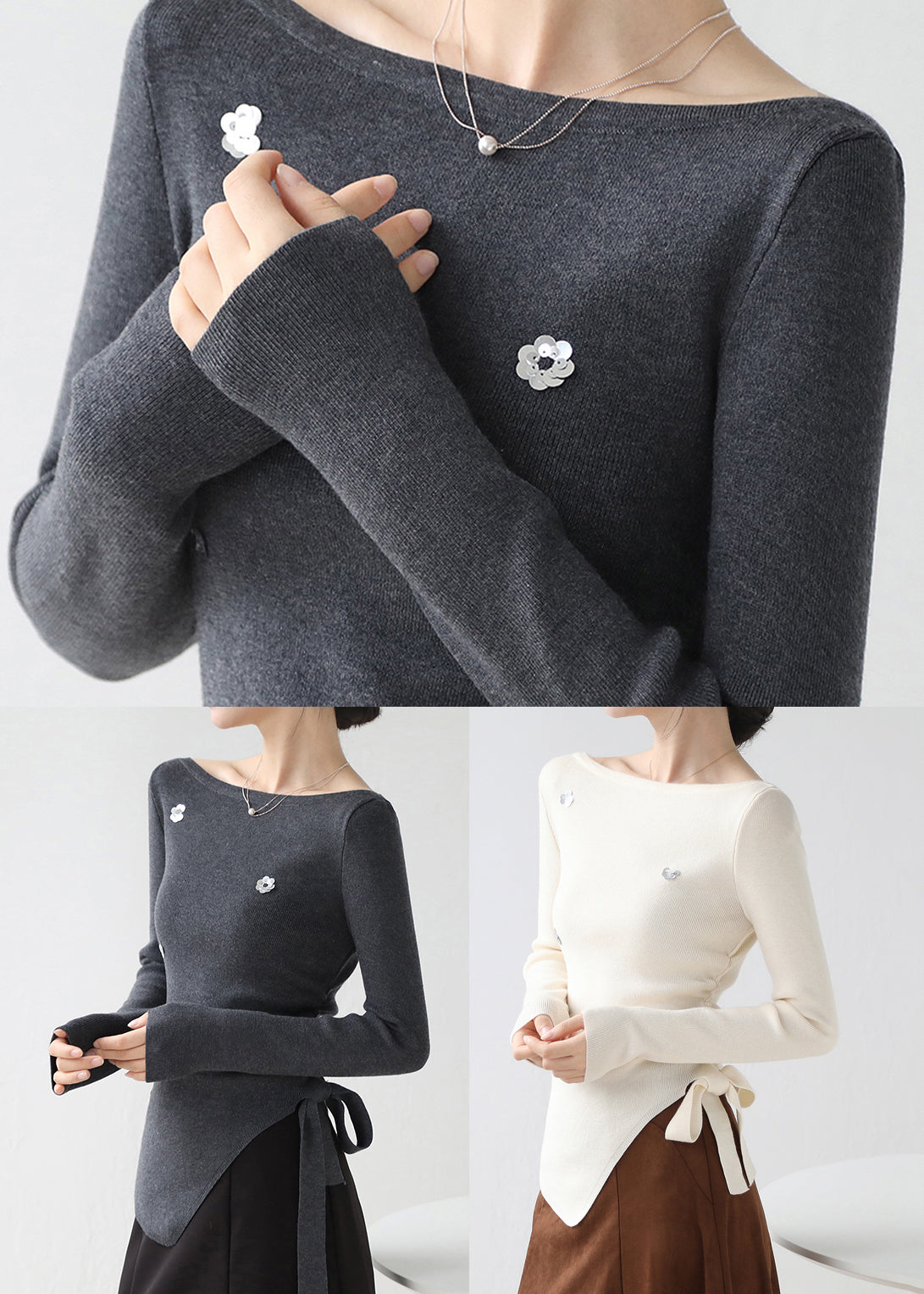 French Dark Grey Asymmetrical Sequins Knit Sweater Winter