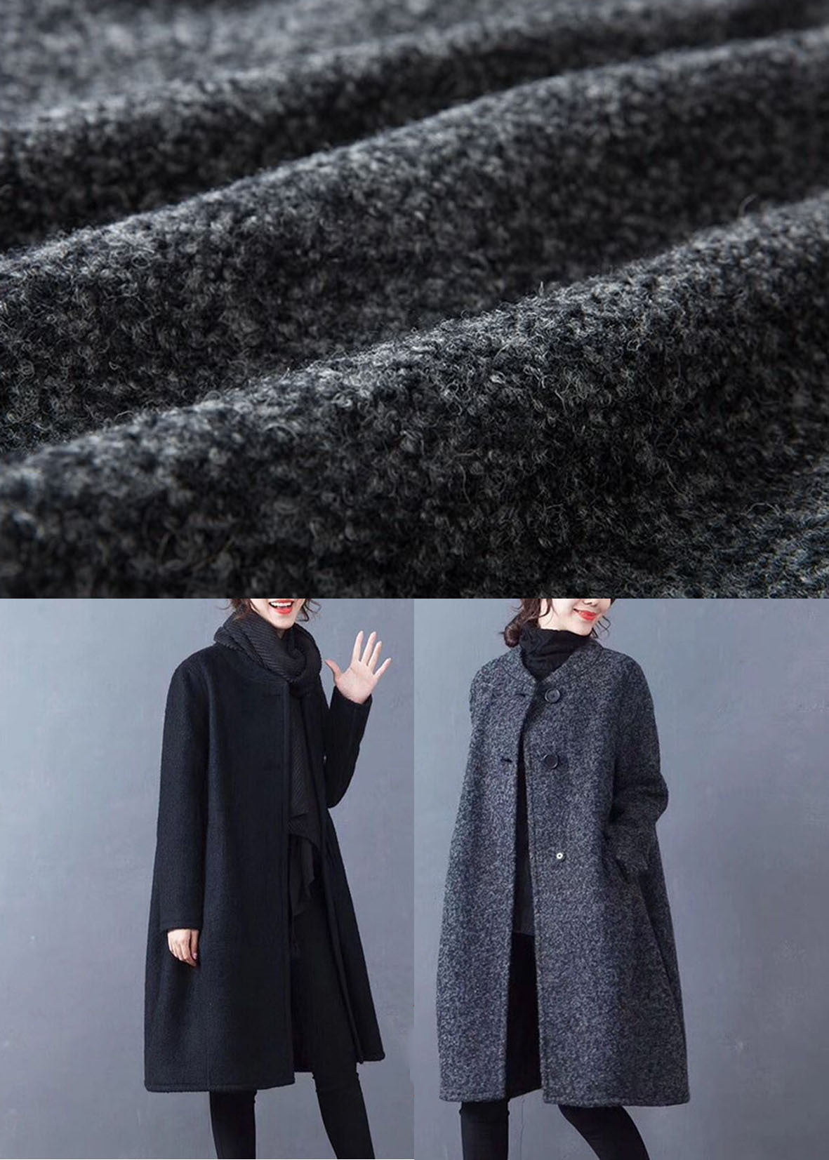 French Dark Grey O-neck Oversized Woolen Coat Outwear Winter