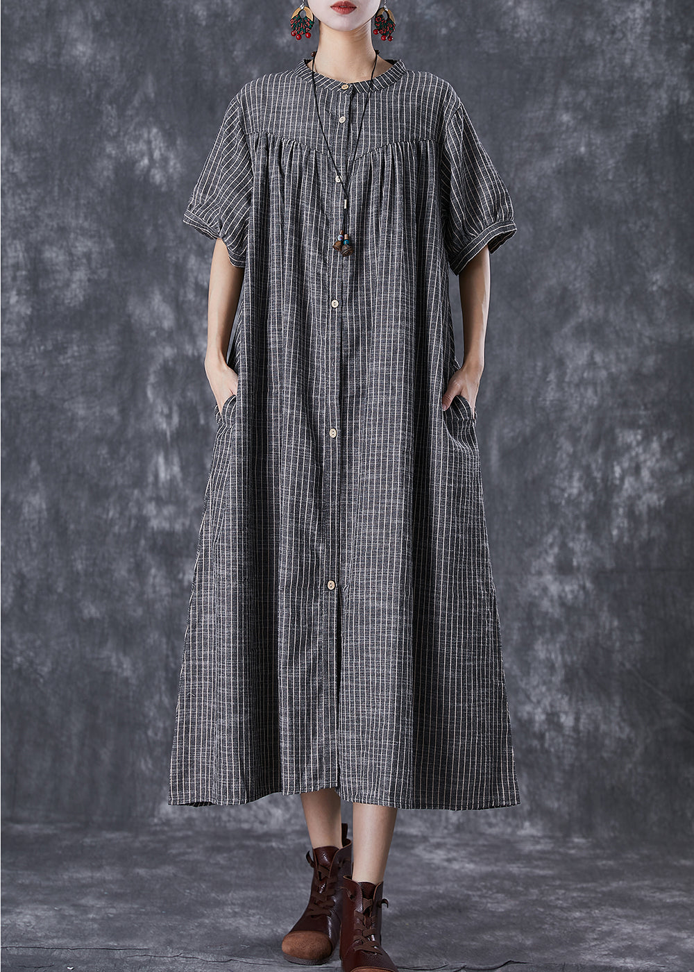 French Dark Grey Oversized Striped Linen a Line Dresses Summer