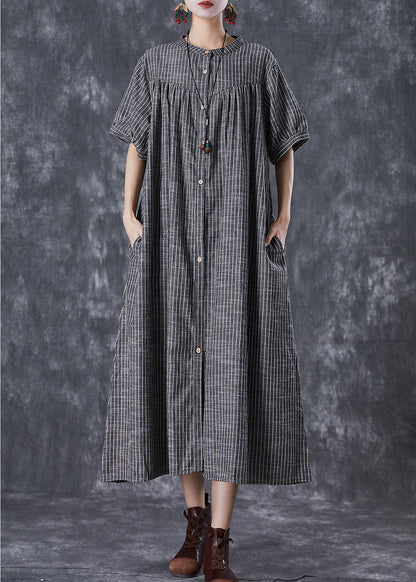 French Dark Grey Oversized Striped Linen a Line Dresses Summer