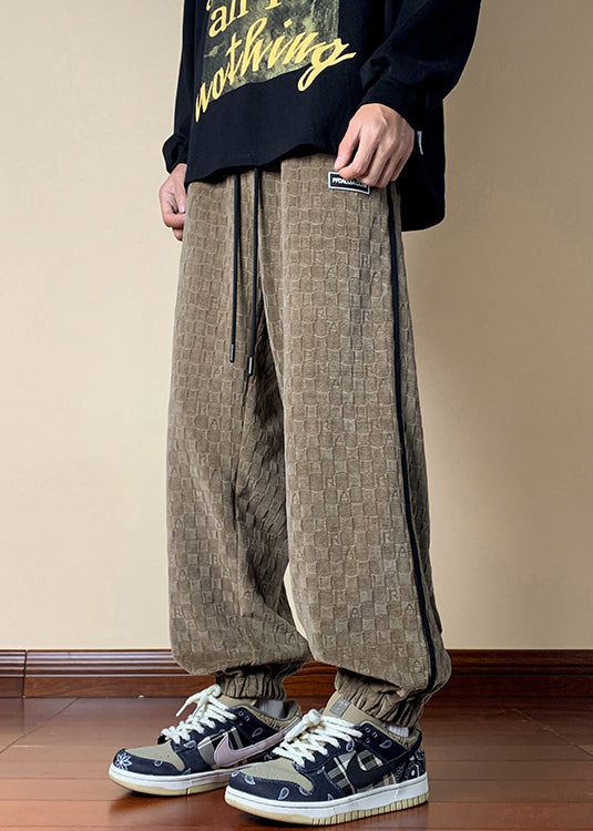 French Dark Khaki Plaid Elastic Waist Cotton Pants Spring
