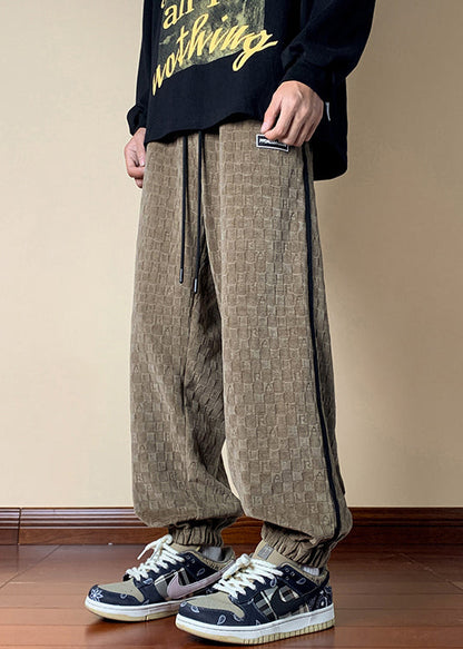 French Dark Khaki Plaid Elastic Waist Cotton Pants Spring
