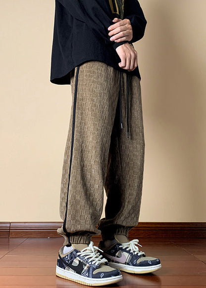 French Dark Khaki Plaid Elastic Waist Cotton Pants Spring