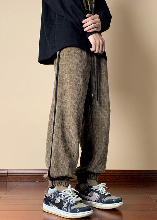 French Dark Khaki Plaid Elastic Waist Cotton Pants Spring