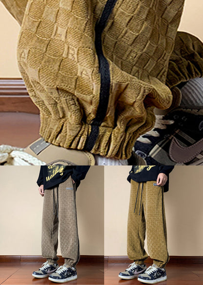 French Dark Khaki Plaid Elastic Waist Cotton Pants Spring