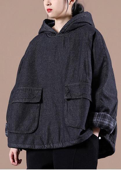 French Denim Blue Clothes for Hooded Pockets Oversized Spring Tops