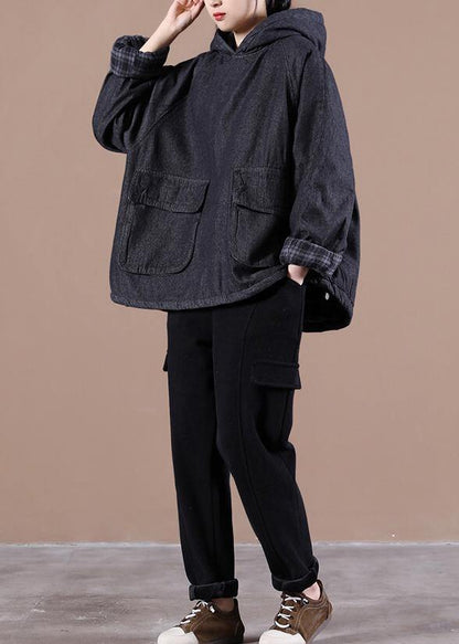 French Denim Blue Clothes for Hooded Pockets Oversized Spring Tops