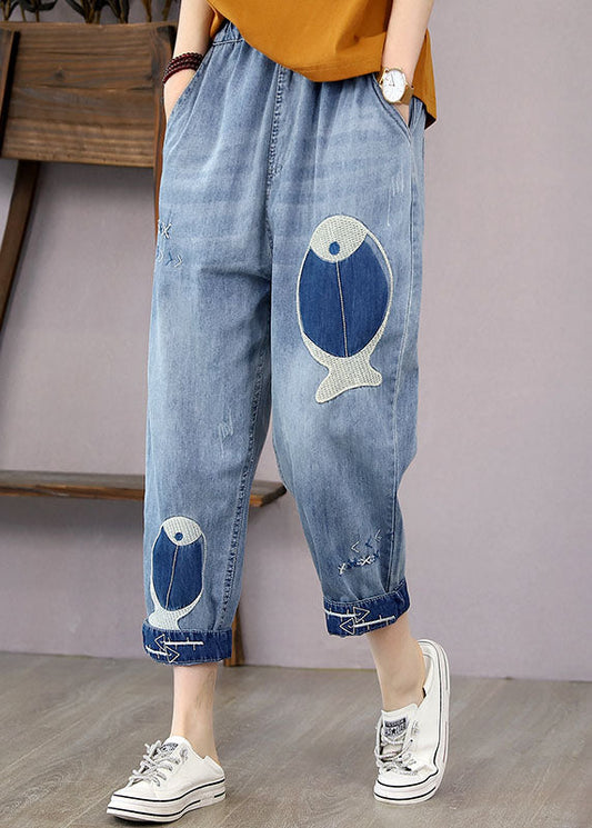 French Denim Blue Elastic Waist Fish Embroideried Pockets Cotton Harem Pants Summer