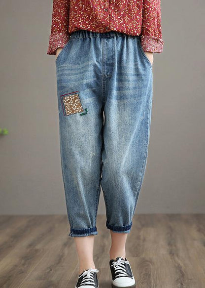 French Denim Blue High Waist Clothing Spring Elastic Waist Patchwork Trousers