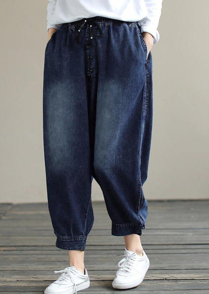French Denim Blue Pants Spring Elastic Waist Pockets Inspiration Pants