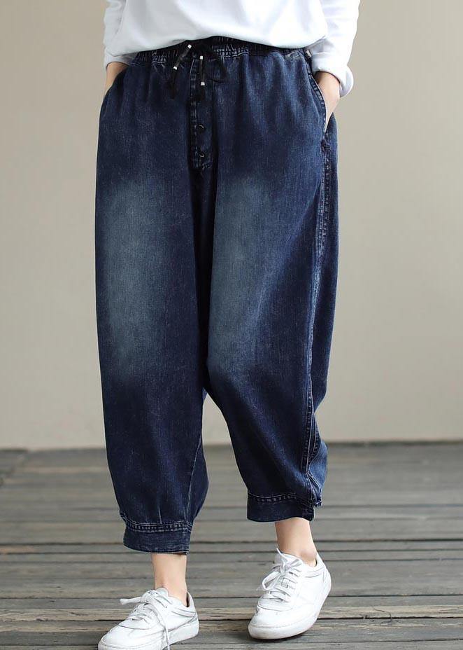 French Denim Blue Pants Spring Elastic Waist Pockets Inspiration Pants