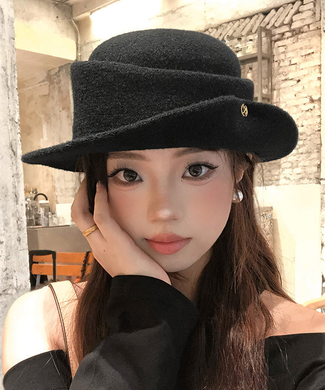 French Black Curly Edged Woolen Cloche Hat