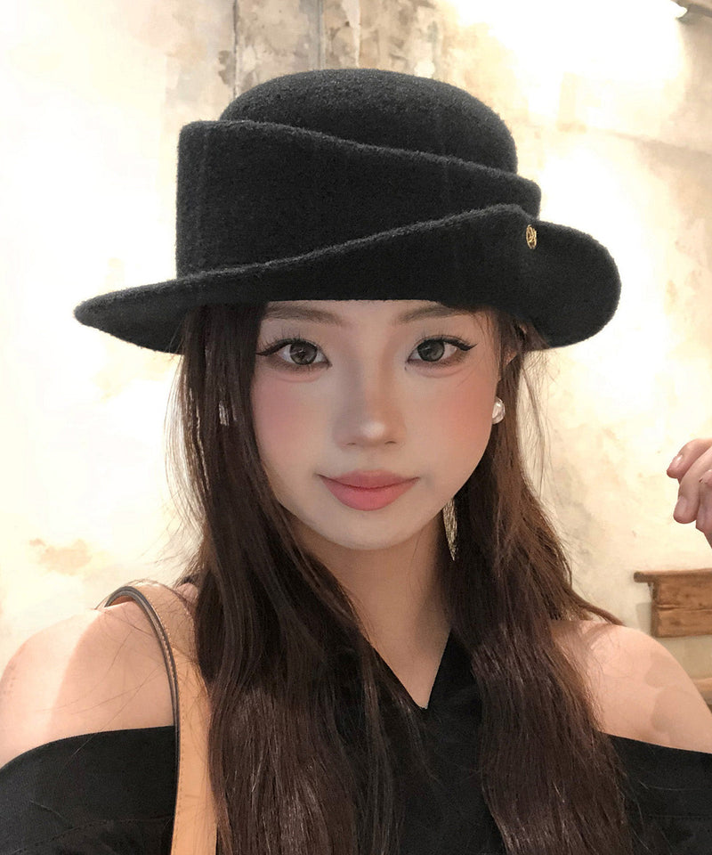 French Black Curly Edged Woolen Cloche Hat