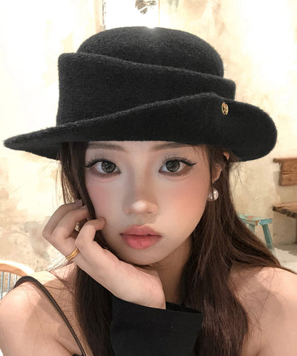 French Black Curly Edged Woolen Cloche Hat