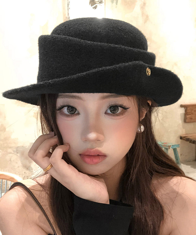 French Black Curly Edged Woolen Cloche Hat