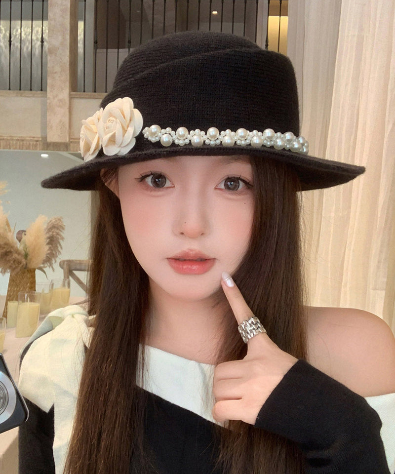 French Black Pearl Woolen Cloche Hat