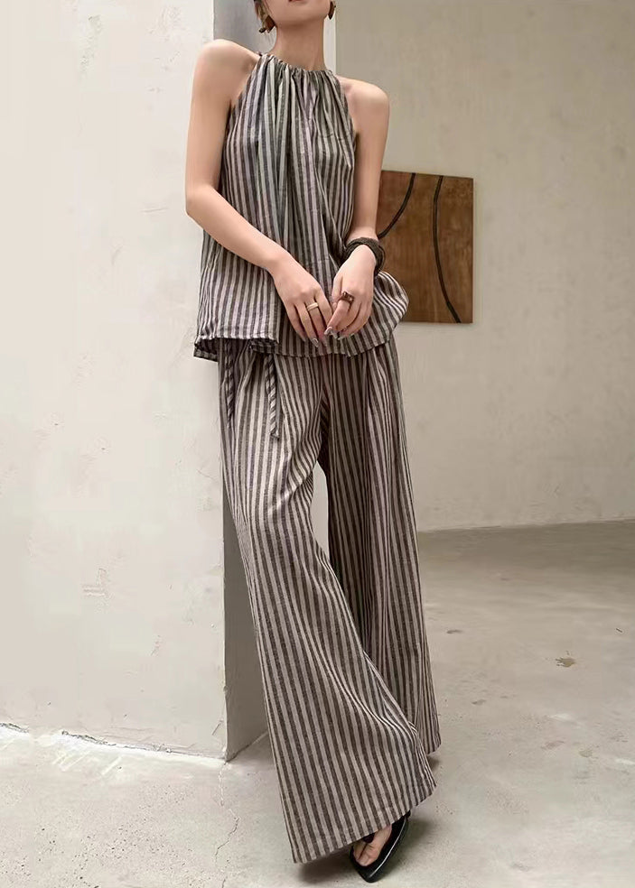 French Coffee Striped Top Wide Leg Pants Two Piece Set Summer