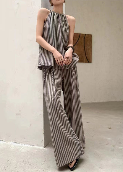 French Coffee Striped Top Wide Leg Pants Two Piece Set Summer