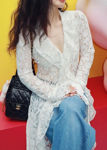 French White Lace Long V-neck Cardigan Fall