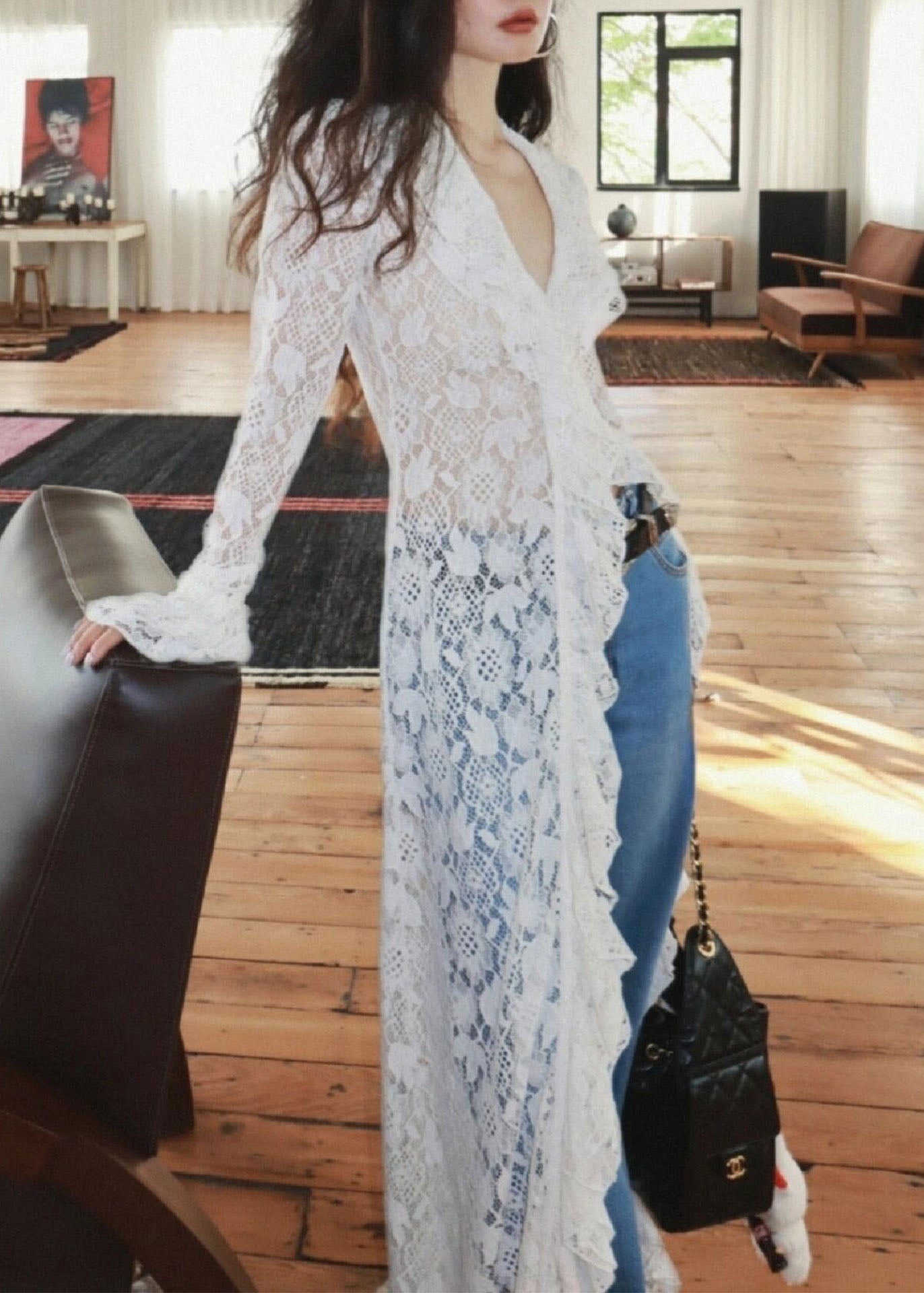 French White Lace Long V-neck Cardigan Fall