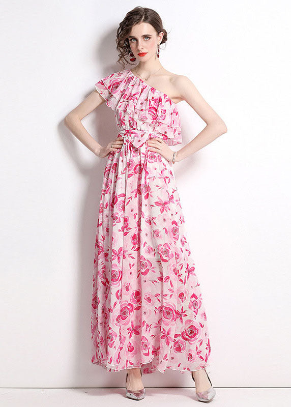 French One-shoulder Print Patchwork Chiffon Beach Dresses Summer