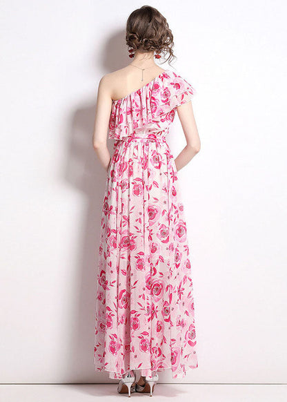 French One-shoulder Print Patchwork Chiffon Beach Dresses Summer