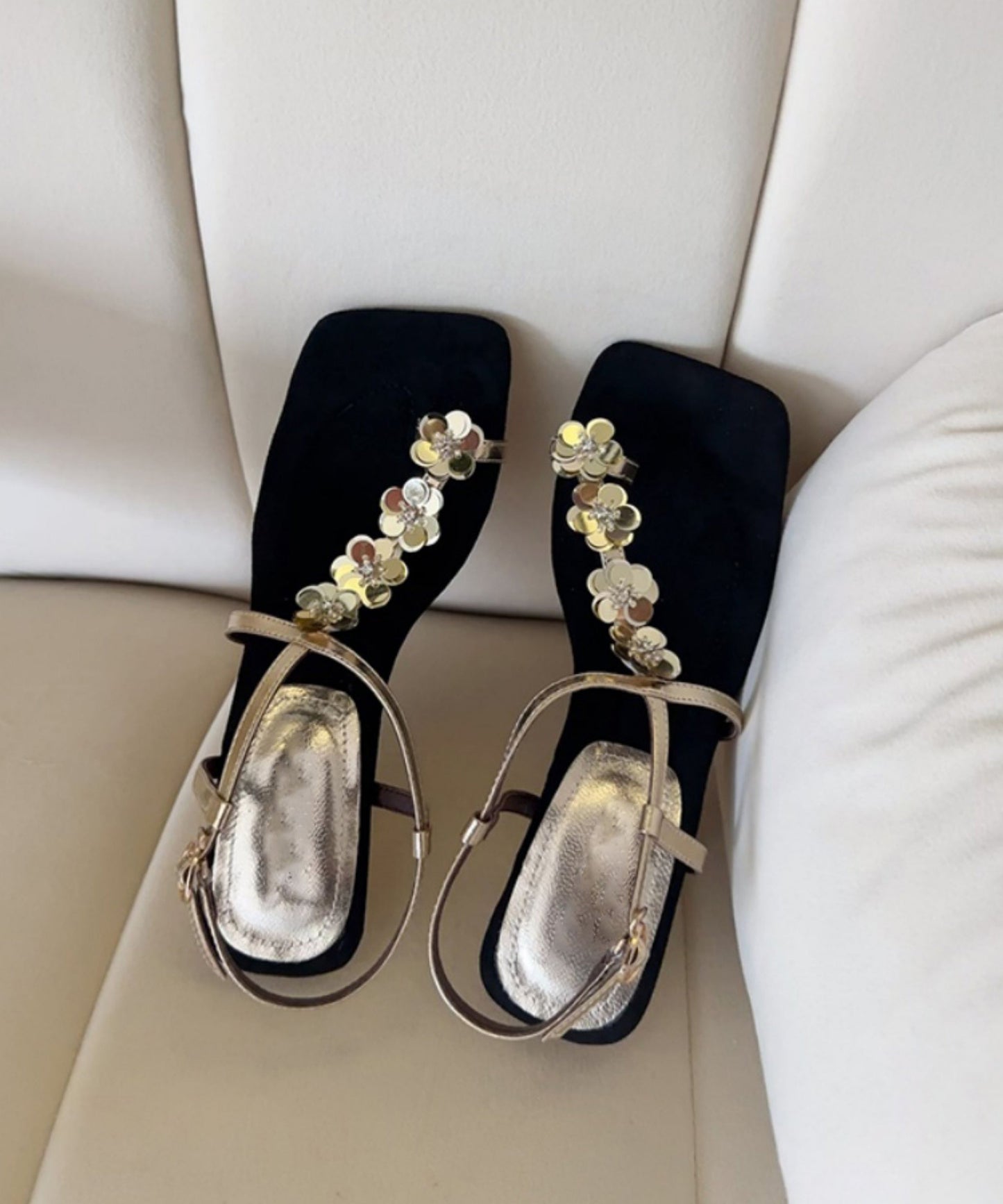 French Gold Faux Leather Wedge Heels Sandals
