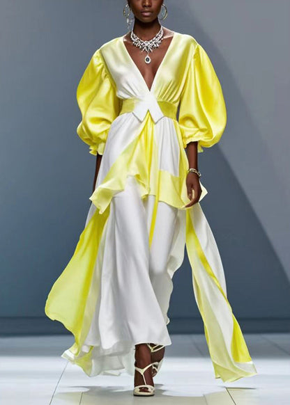 French Gradient Color Asymmetrical Design Silk Cinched Dress Puff Sleeve