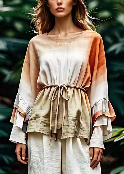 French Gradient Color O Neck Lace Up Cotton Tops Long Sleeve