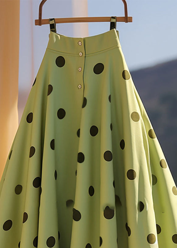 French Green Dot Print Chiffon a Line Skirt Summer
