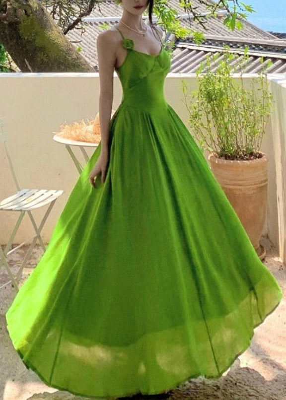 French Green Hollow Out Patchwork Flattering Maxi Spaghetti Strap Dresses Sleeveless