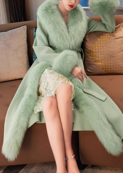 French Green Fox Collar Pockets Patchwork Tie Waist Maxi Woolen Coat Spring