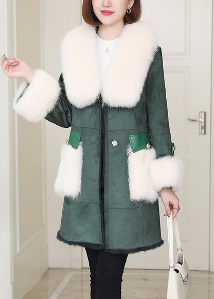 French Green Fox Collar Tie Waist Leather and Fur Coats Winter
