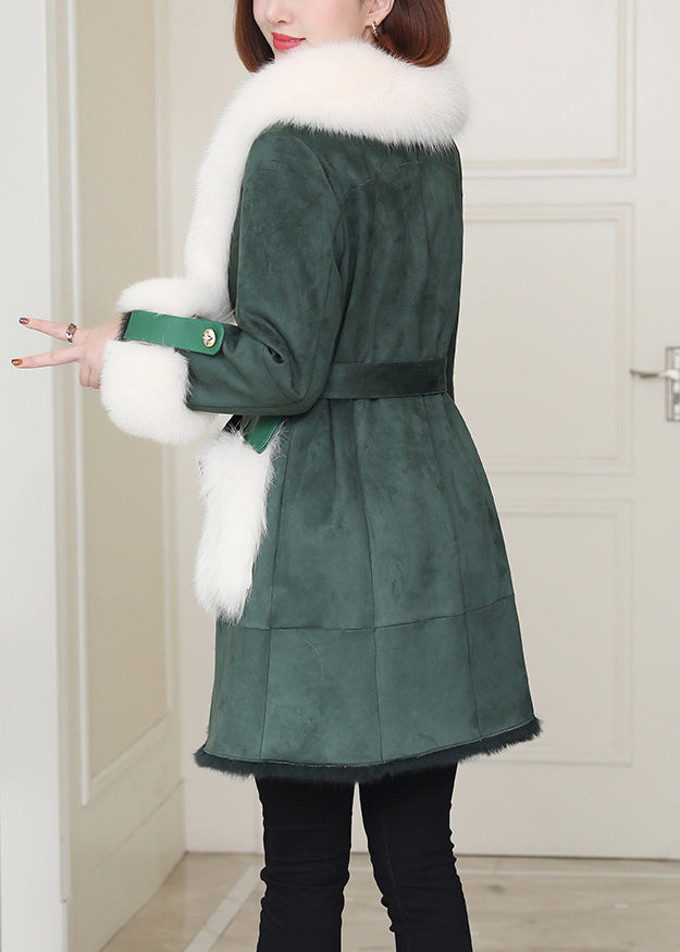 French Green Fox Collar Tie Waist Leather and Fur Coats Winter