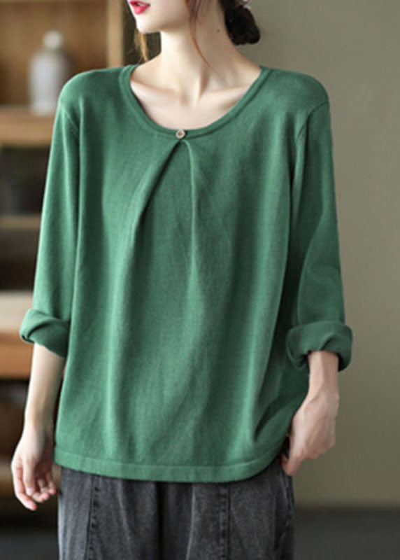French Green O-neck Button Fall Knit Knitted Sweaters Top