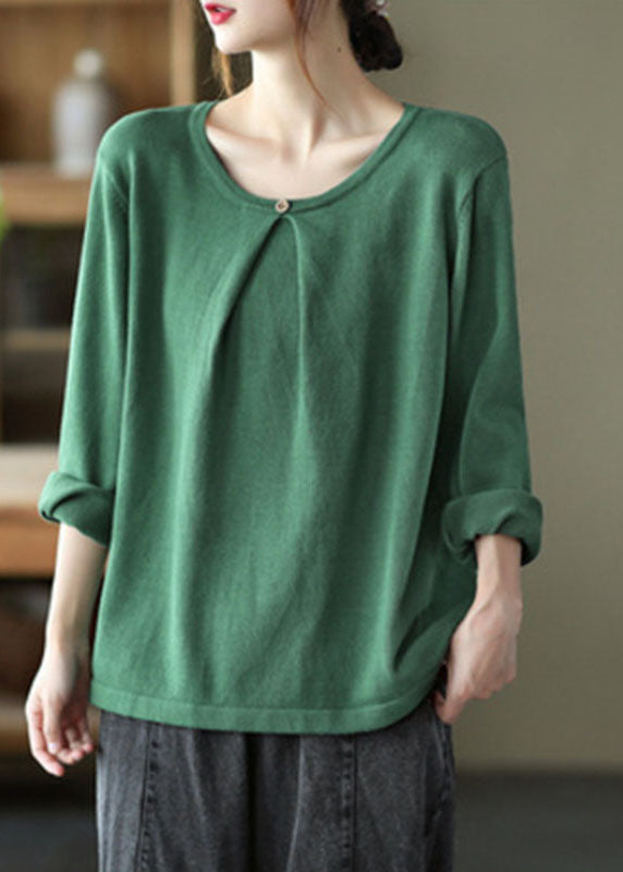 French Green O-neck Button Fall Knit Knitted Sweaters Top