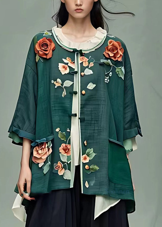 French Green O-neck Button Top Bracelet Sleeve