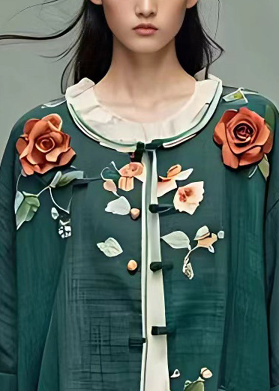 French Green O-neck Button Top Bracelet Sleeve