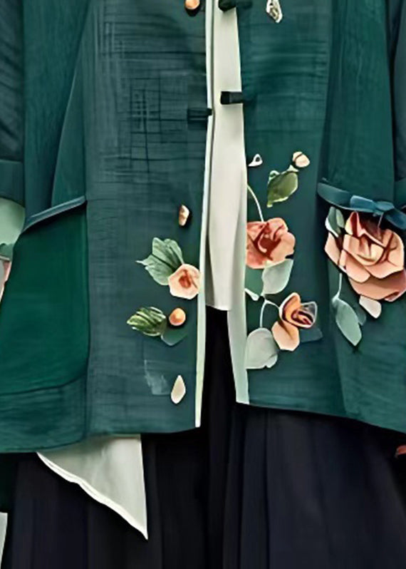 French Green O-neck Button Top Bracelet Sleeve