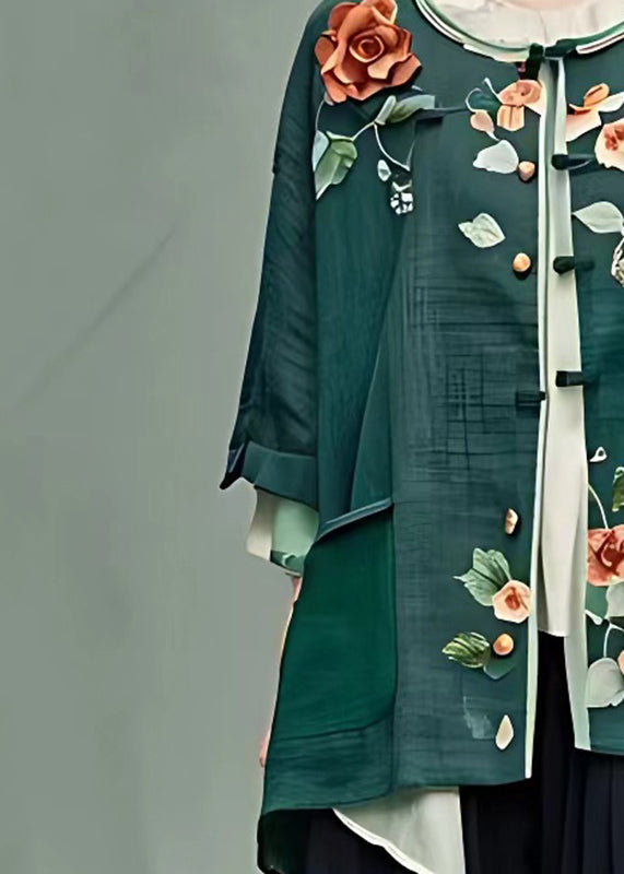 French Green O-neck Button Top Bracelet Sleeve