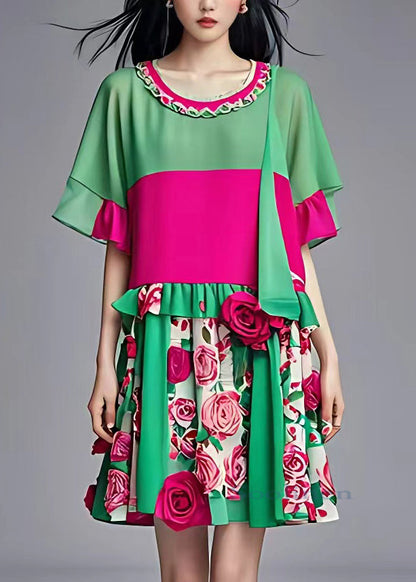 French Green O-neck Ruffled Patchwork Chiffon Mid Dress Summer