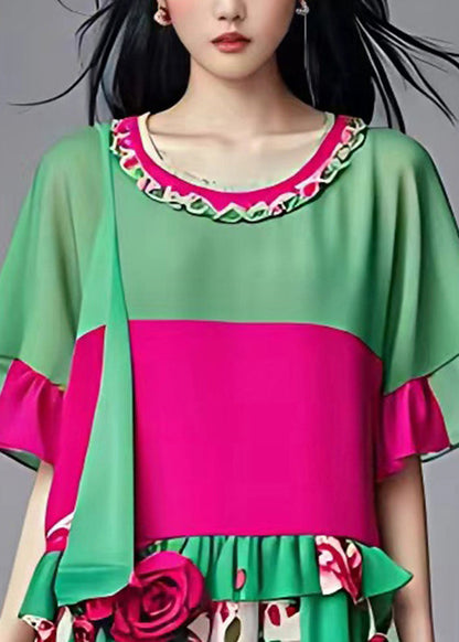 French Green O-neck Ruffled Patchwork Chiffon Mid Dress Summer