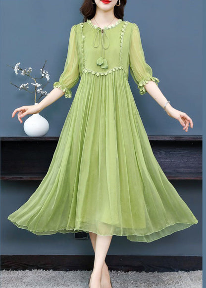 French Green O-neck Lace Up Extra Large Hem Silk Long Dress Half Sleeve
