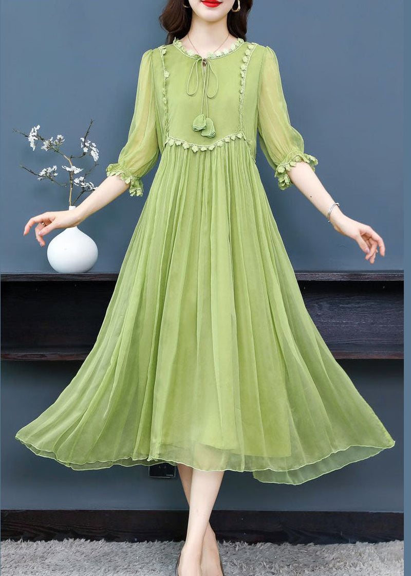 French Green O-neck Lace Up Extra Large Hem Silk Long Dress Half Sleeve