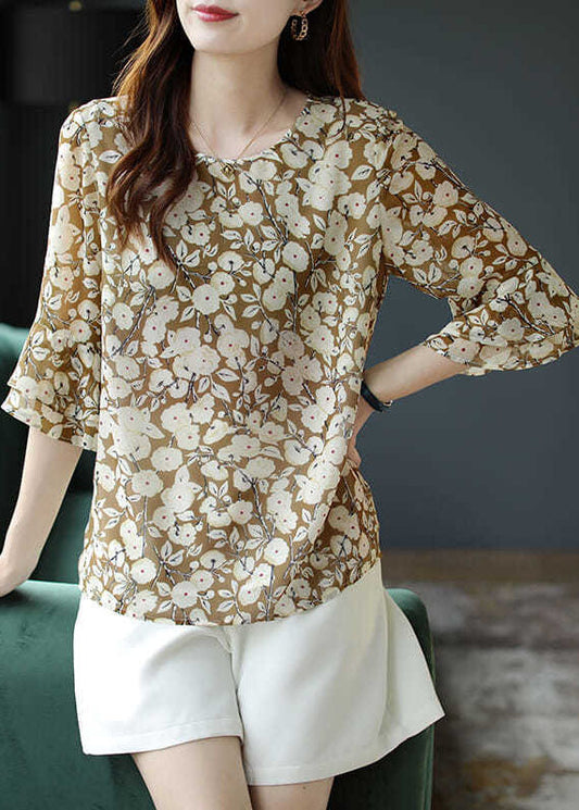 French Green O-neck Print Chiffon Shirt Top Flare Sleeve