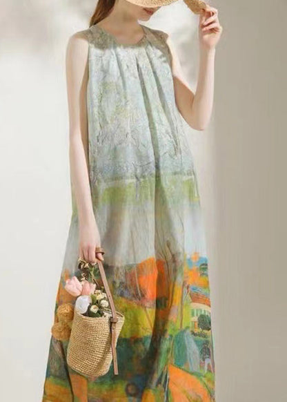 French Green O-neck Print Cotton Long Dress Sleeveless