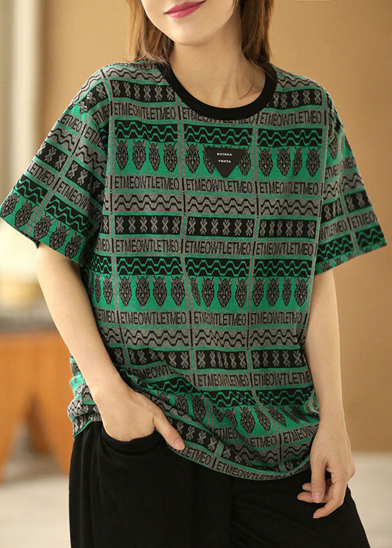French Green O-neck Print Cotton Tank Tops Short Sleeve